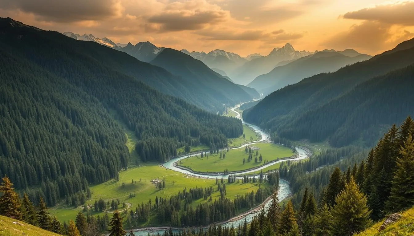Panoramic view of Kumrat Valley, Pakistan showing dense deodar forests, the winding Panjkora River, and snow-capped mountains in the background