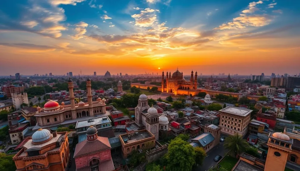 Panoramic view of Lahore's skyline at sunset showing historical monuments and modern buildings