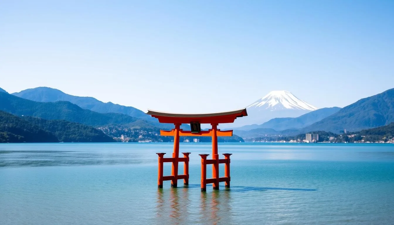 Panoramic view of Lake Ashi in Hakone with Mount Fuji in the background and a traditional red torii gate in the foreground