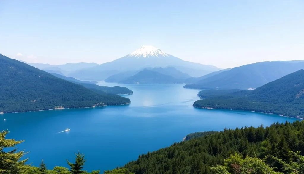 Panoramic view of Lake Chuzenji with Mt. Nantai in the background Panoramic view of Lake Chuzenji with Mt. Nantai in the background