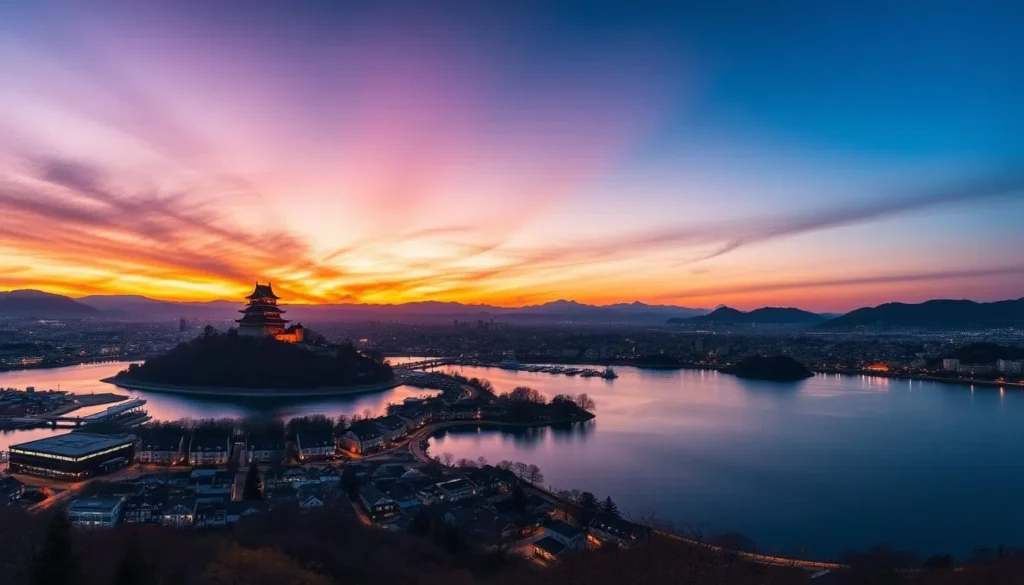 Panoramic view of Matsue at sunset with the castle silhouette and Lake Shinji Panoramic view of Matsue at sunset with the castle silhouette and Lake Shinji