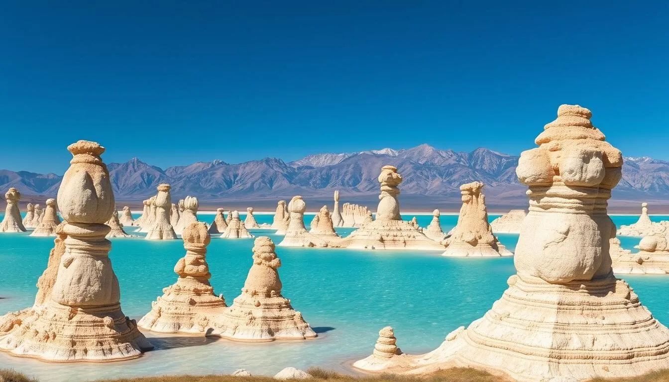 Panoramic view of Mono Lake with tufa towers rising from the water against the backdrop of Sierra Nevada mountains