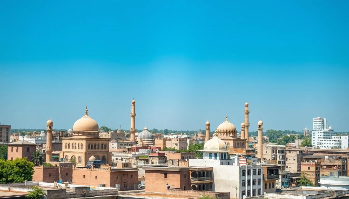 Panoramic view of Multan city with historic shrines and modern buildings under a clear blue sky
