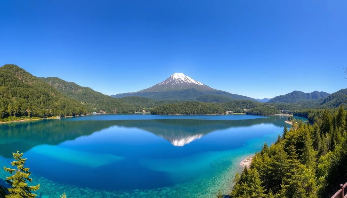 Panoramic view of Nikko National Park showing Lake Chuzenji with Mount Nantai in the background on a clear sunny day