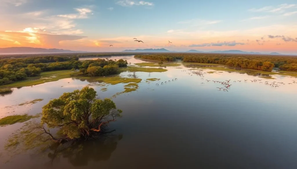 Panoramic view of Olango Island Wildlife Sanctuary, Philippines at golden hour