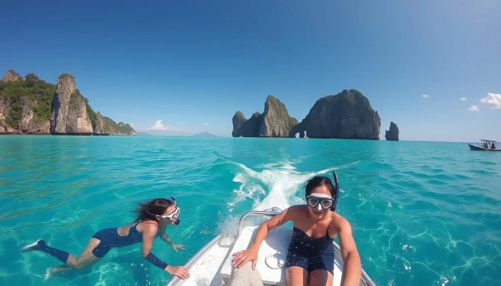 Panoramic view of Pescador Island from a boat with snorkelers in the water