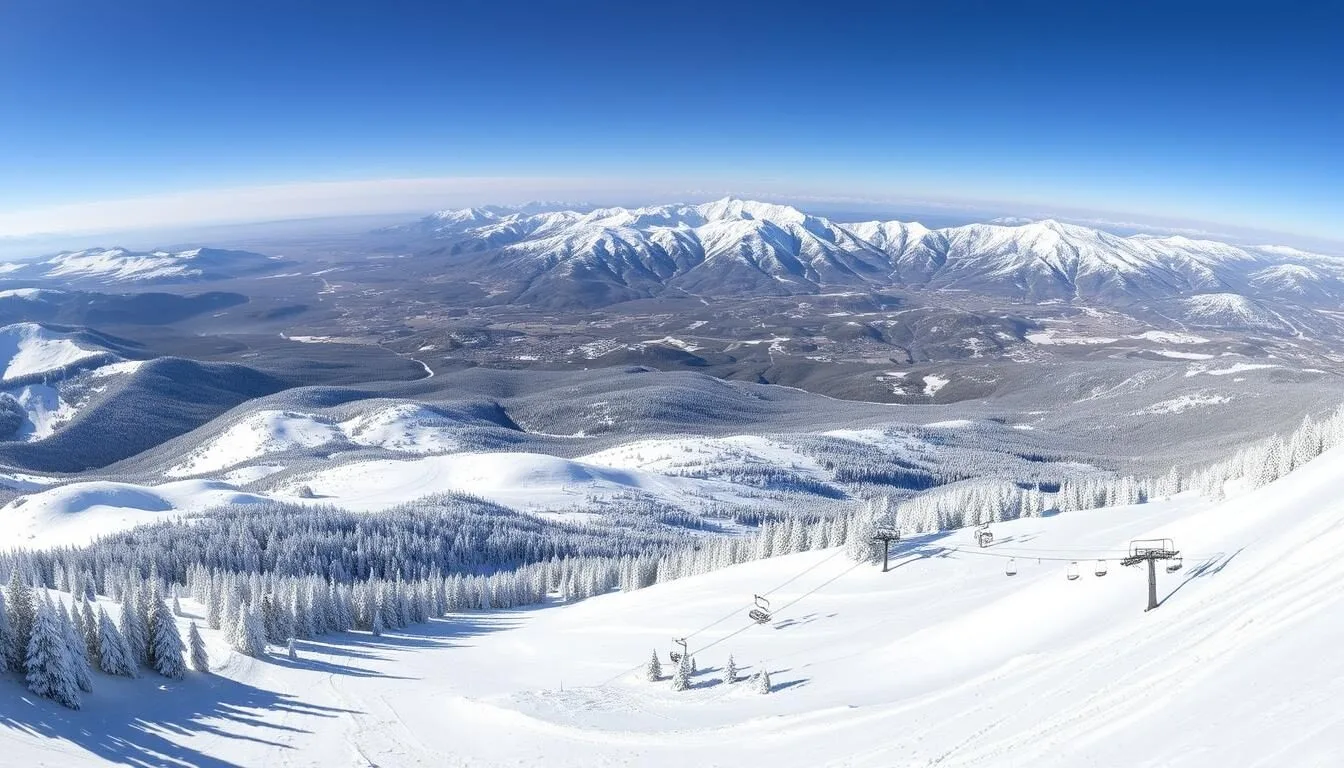Panoramic view of Powderhorn Mountain, Colorado with snow-covered slopes and the Grand Mesa in the background