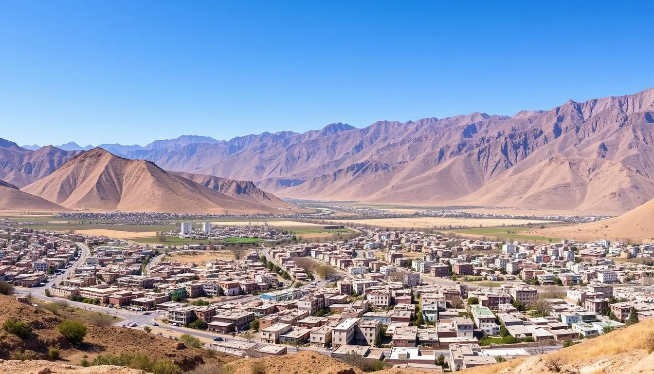 Panoramic view of Quetta city surrounded by mountains with traditional buildings and green spaces visible in the valley