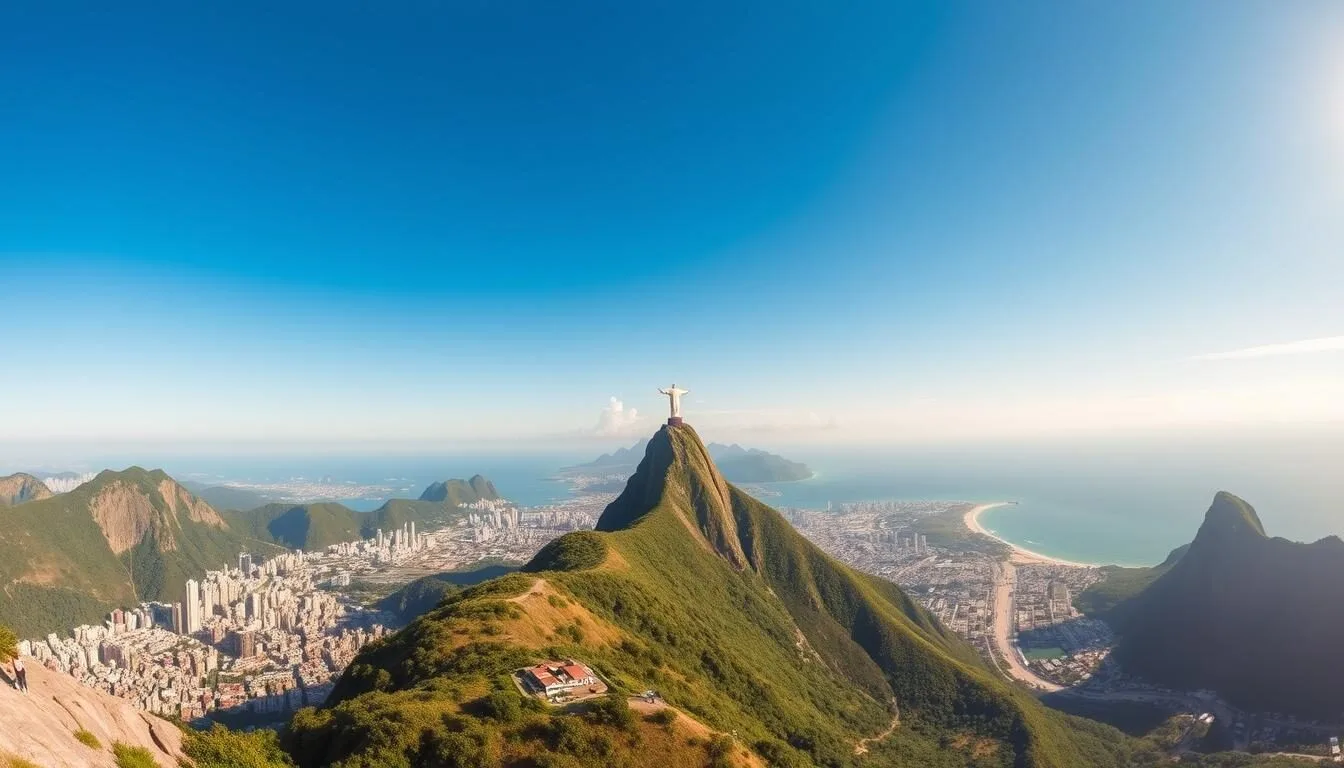 Panoramic-view-of-Rio-de-Janeiro-with-Christ-the-Redeemer-statue-overlooking-the-city Panoramic view of Rio de Janeiro with Christ the Redeemer statue overlooking the city, Sugarloaf Mountain, and beautiful beaches on a sunny day