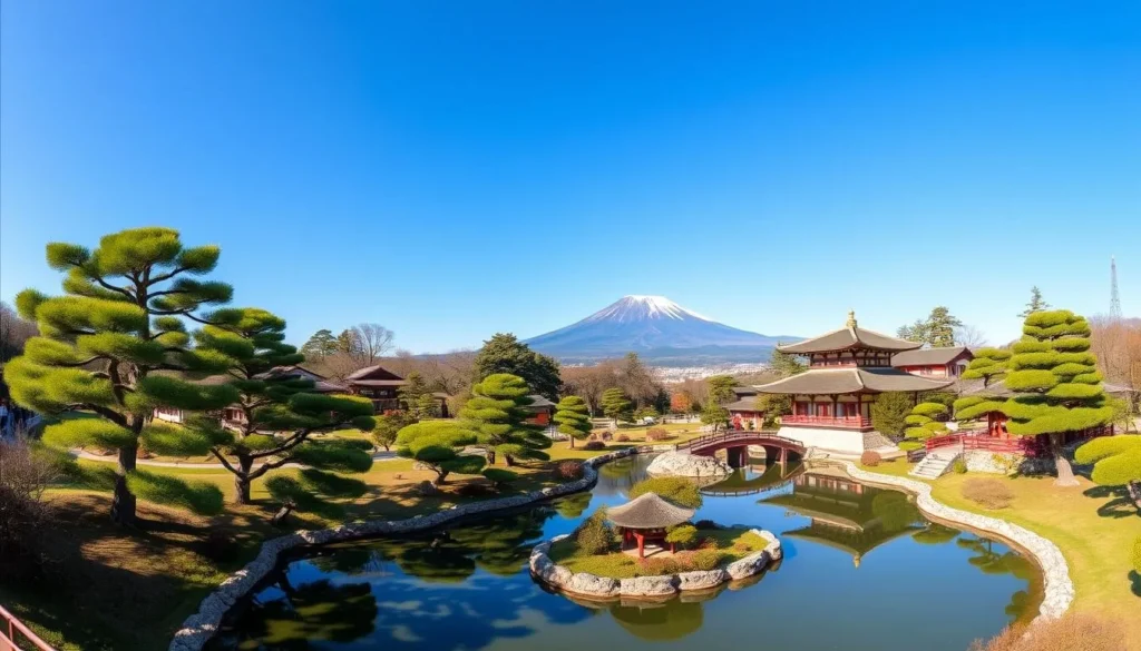 Panoramic view of Ritsurin Garden with traditional tea house, ponds, and meticulously maintained landscapes Panoramic view of Ritsurin Garden with traditional tea house, ponds, and meticulously maintained landscapes
