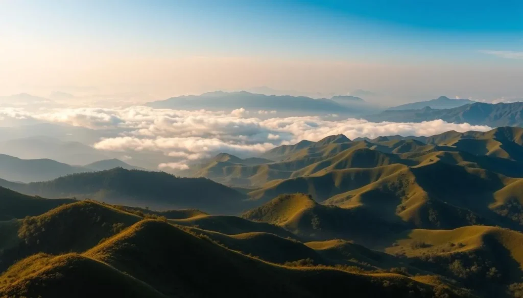 Panoramic view of Sajek Valley in Khagrachari Hills with rolling mountains and clouds