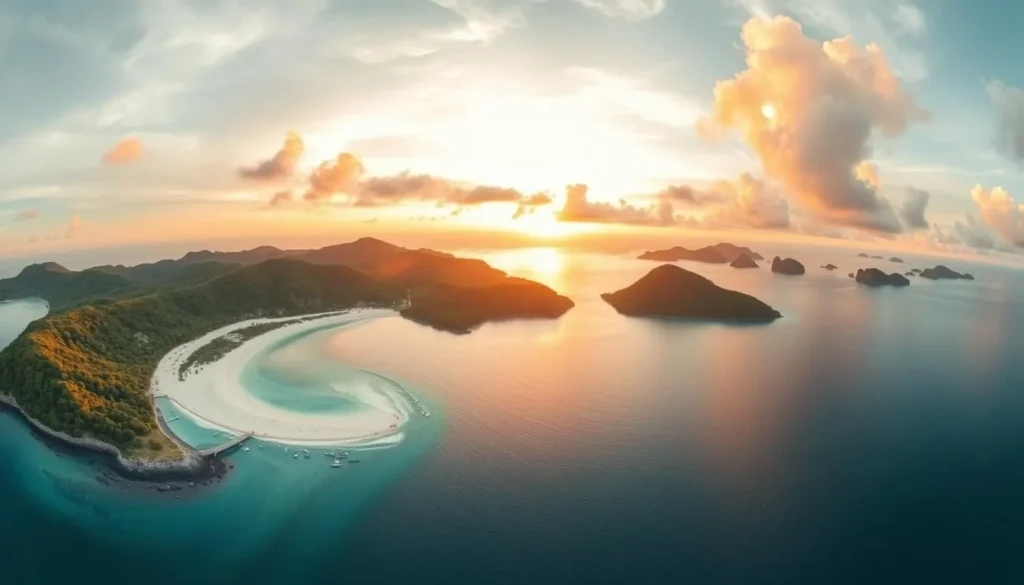 Panoramic view of Sambawan Island at golden hour showing its curved shape, beaches, and surrounding waters