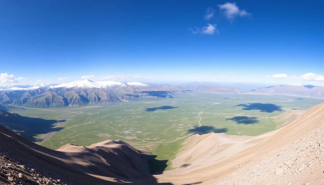 Panoramic view of Shandur Pass, Pakistan showing the vast plateau surrounded by snow-capped mountains
