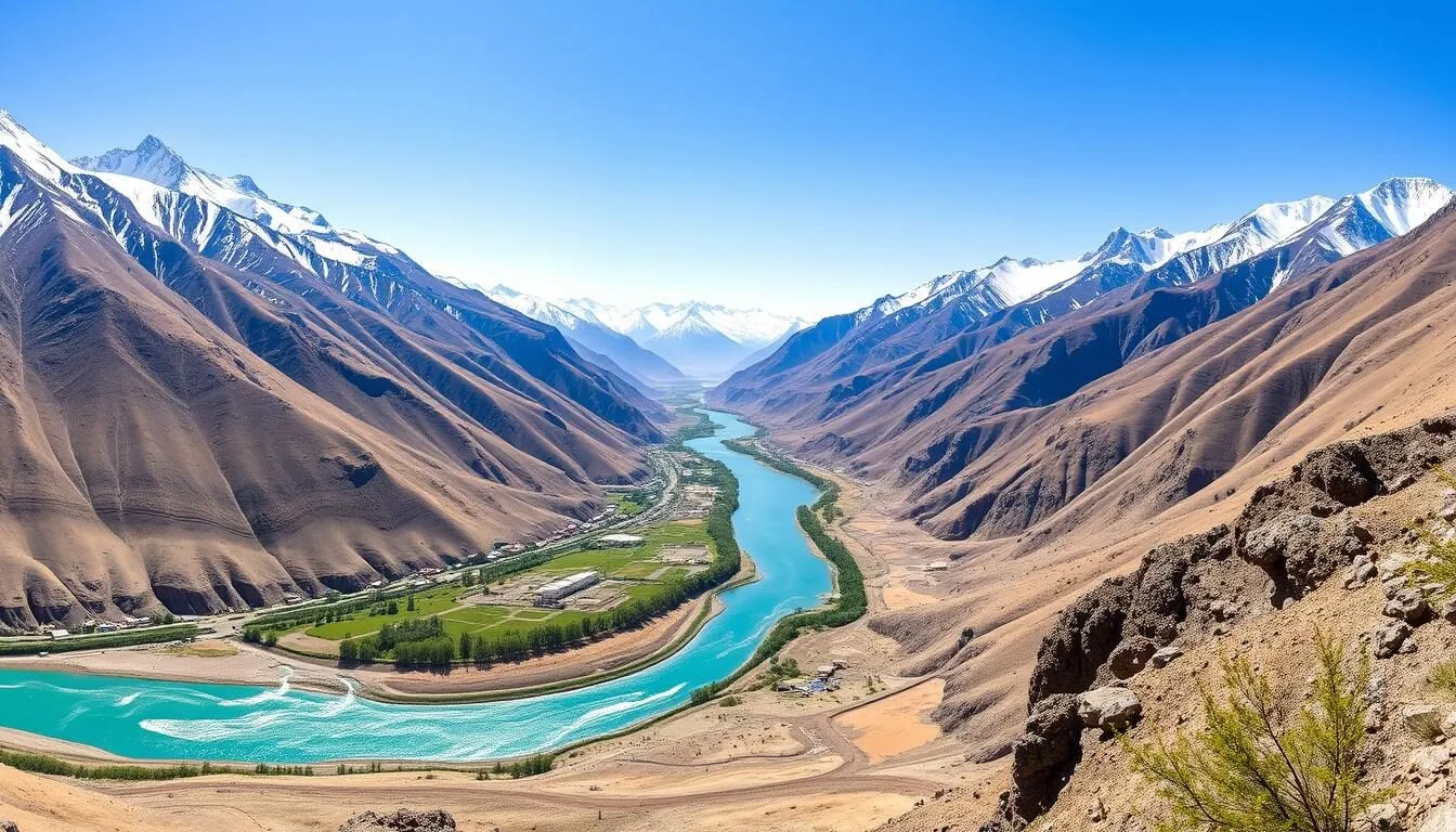 Panoramic view of Skardu valley with the Indus River winding through mountains and the town nestled between peaks