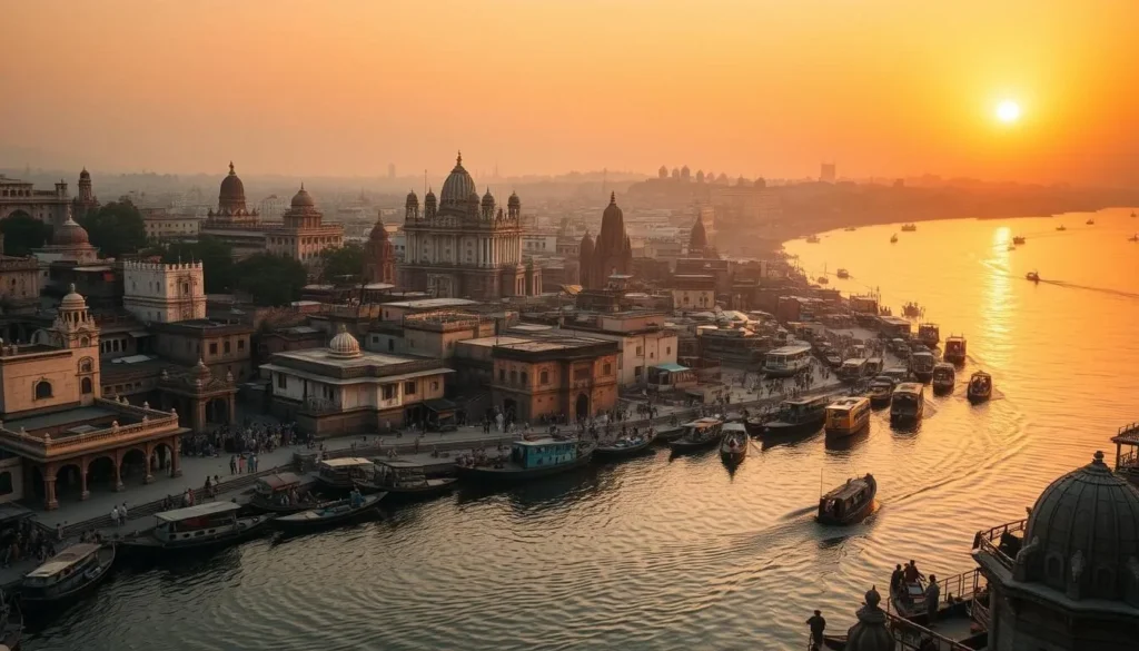 Panoramic view of Varanasi's ghats at sunset with boats on the Ganges River and the ancient city skyline