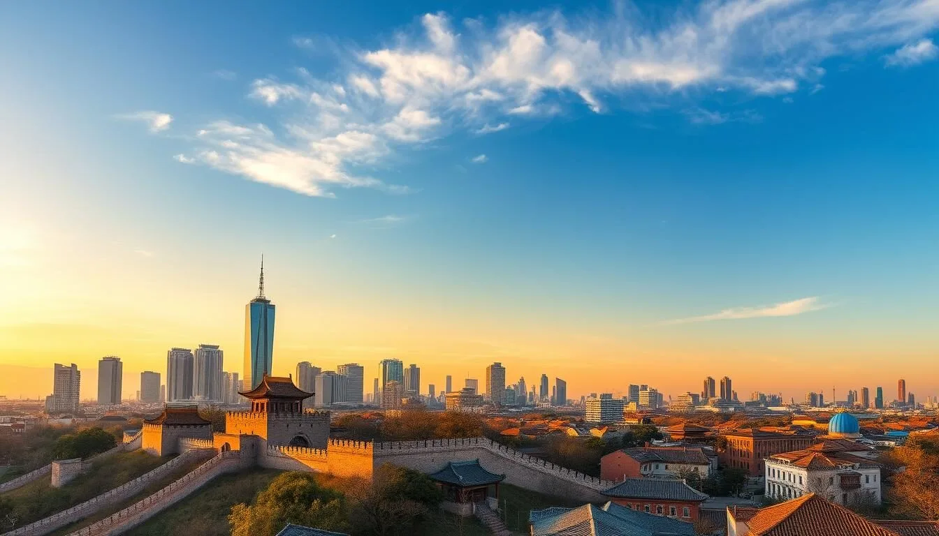 Panoramic view of Xi'An city skyline with ancient city wall in foreground and modern buildings in background
