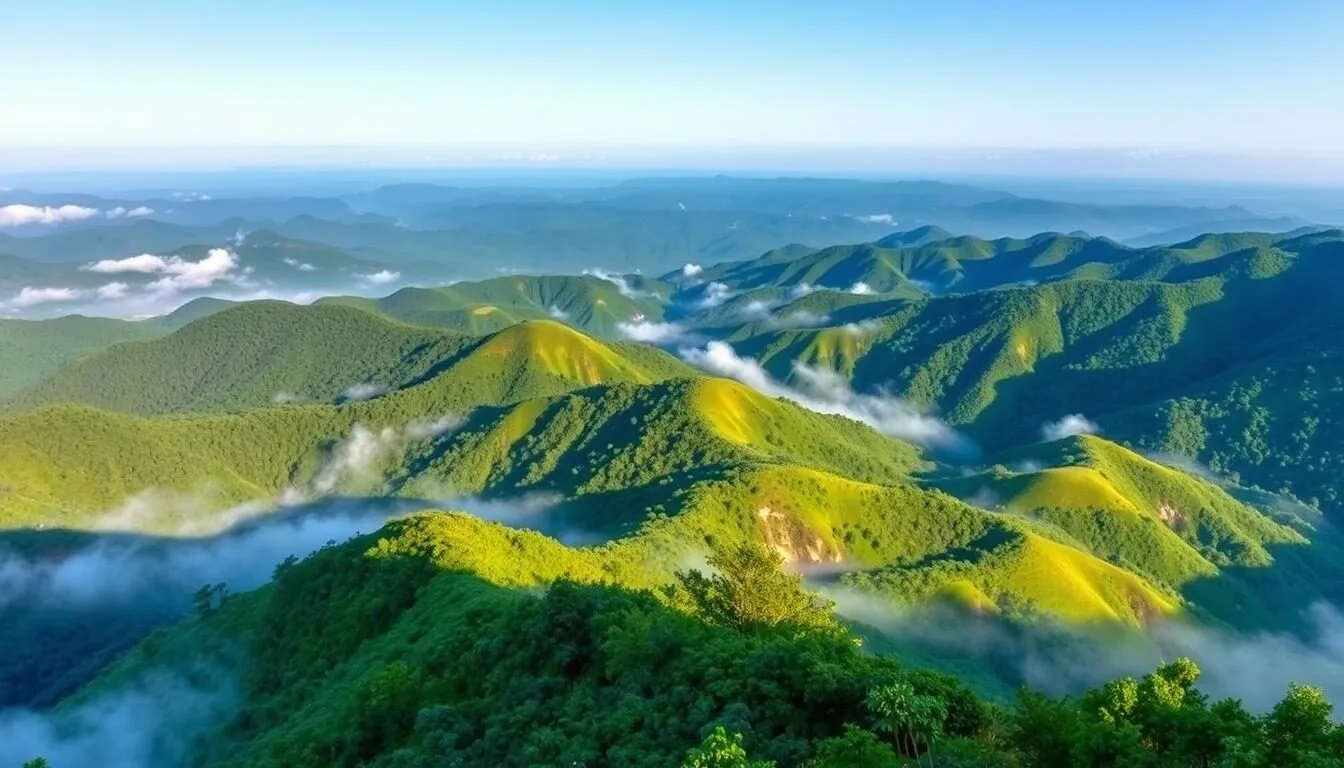 Panoramic view of lush green Bandarban Hills with morning mist rising from valleys