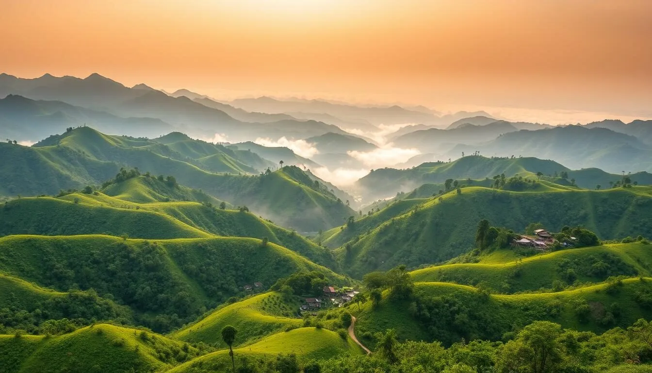 Panoramic view of lush green Khagrachari Hills in Bangladesh with rolling mountains and valleys