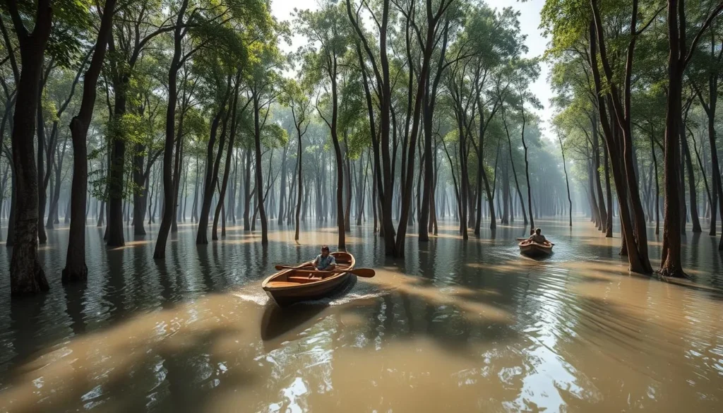 Panoramic view of nearby Ratargul Swamp Forest with boats navigating through the flooded forest