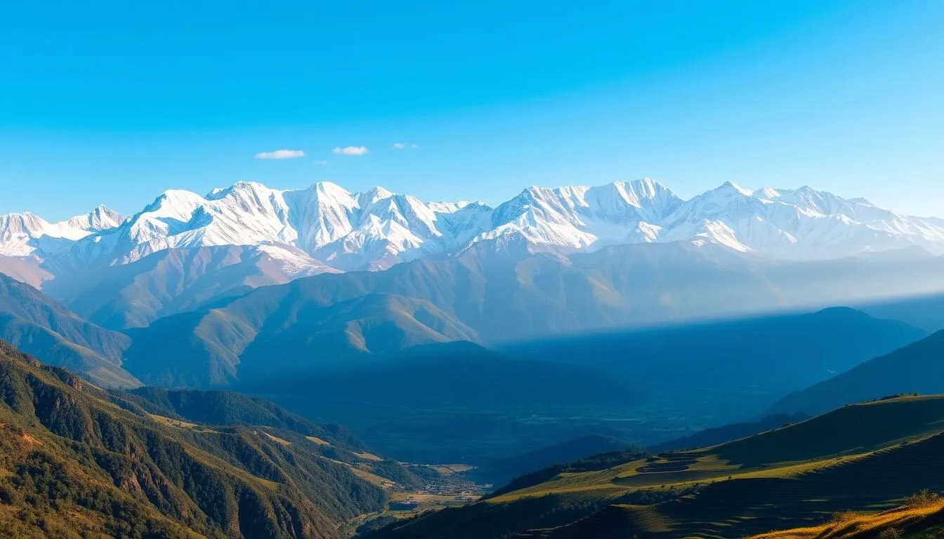 Panoramic view of snow-capped mountains in Gilgit-Baltistan region with lush green valleys below