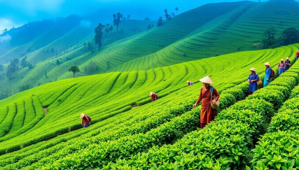 Panoramic view of tea pickers working in lush green Darjeeling tea gardens, one of the popular Darjeeling, West Bengal things to do