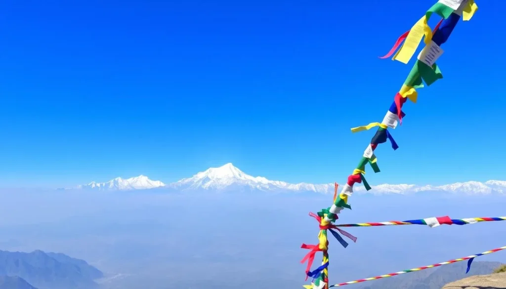 Panoramic view of the Himalayan mountain range from Dhulikhel viewpoint with prayer flags in the foreground