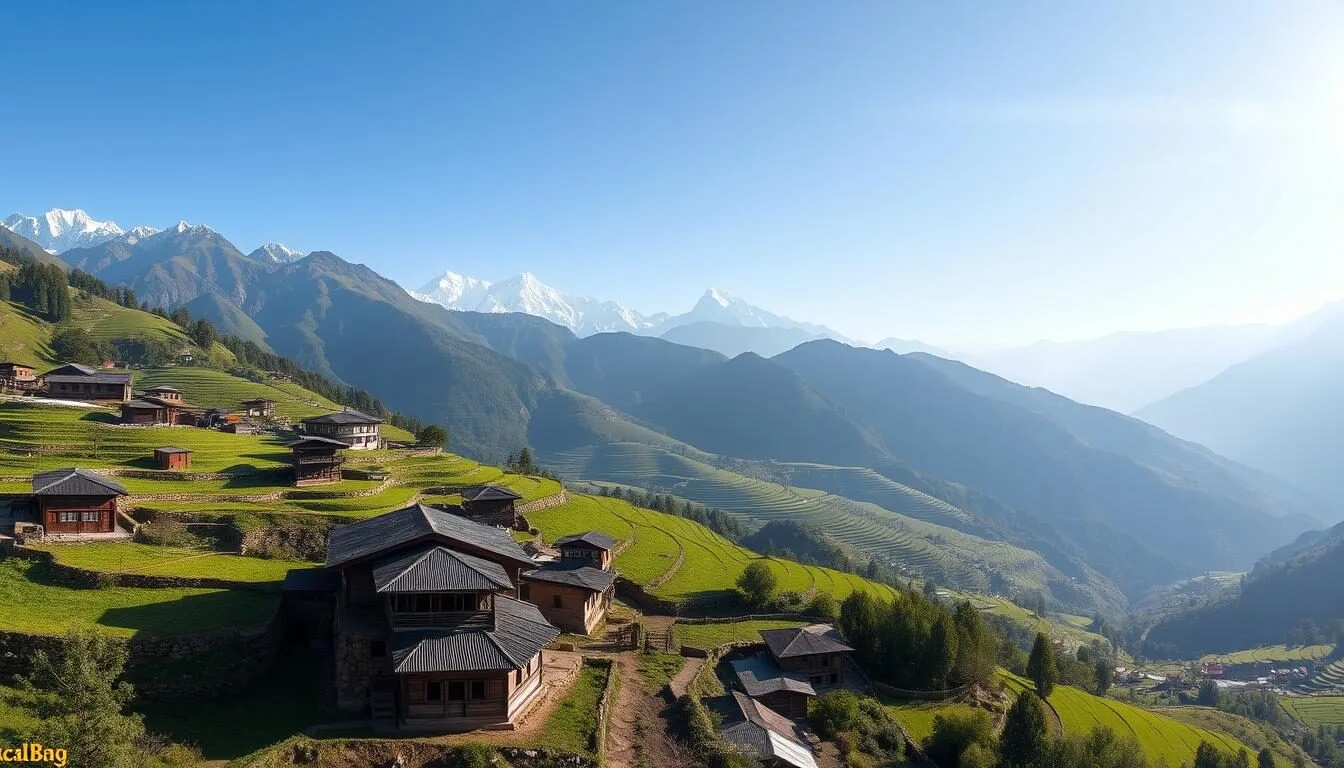 Panoramic view of the lush green Kalasha Valleys with traditional wooden houses nestled among terraced fields and surrounded by the Hindu Kush mountains