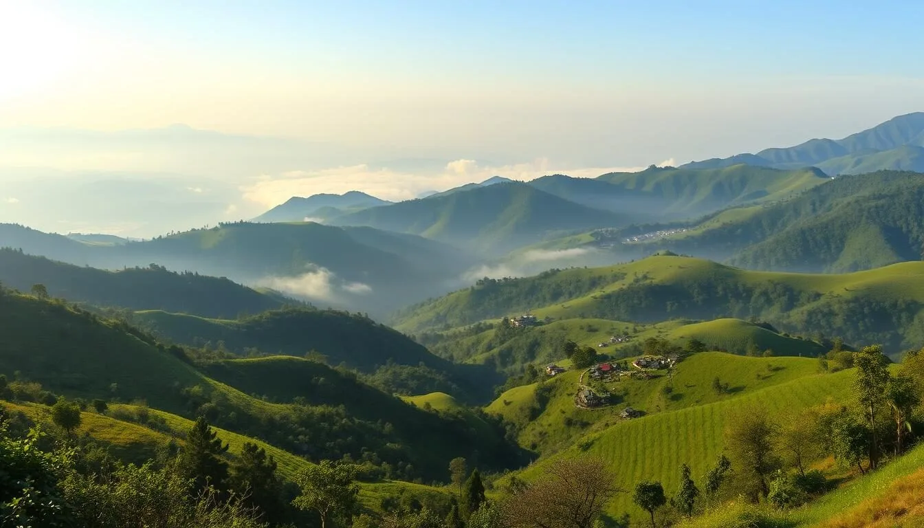 Panoramic view of the lush green hills of Chittagong Hill Tracts, Bangladesh with morning mist rising from valleys