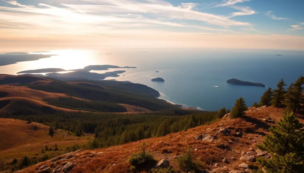 Panoramic vista from the summit of Blå Jungfrun, a picturesque island in Sweden's Blå Jungfrun National Park. Rolling hills and lush pine forests stretch out in the foreground, meeting the glistening waters of the Baltic Sea on the horizon. Warm sunlight filters through wispy clouds, casting a golden glow over the rugged terrain. In the distance, other islands dot the seascape, creating a serene and tranquil scene. The trail winds through the natural landscape, inviting hikers to explore this stunning natural wonder.
