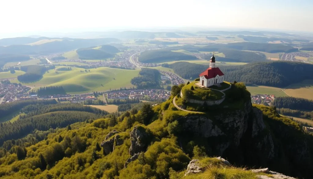 Panoramic vista of Svatý Kopeček, a picturesque pilgrimage site in Mikulov, Czechia. Capture the rolling hills, lush greenery, and the iconic church perched atop the summit, basking in warm, golden sunlight. Utilize a wide-angle lens to showcase the breathtaking 360-degree landscape, with the town nestled in the valley below. Convey a sense of serenity and reverence, as if the viewer is standing on the hilltop, taking in the sublime natural beauty and spiritual atmosphere. Emphasize the harmonious blend of nature and architecture, creating a tranquil, awe-inspiring scene.