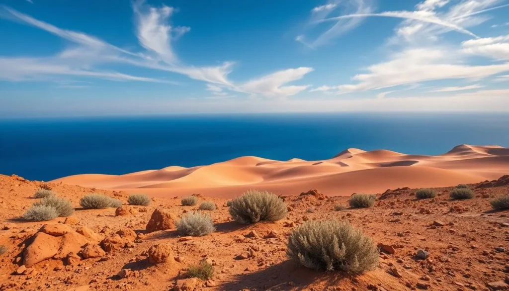 Paracas Desert landscape with a stunning blue sea in the distance. The foreground features a rugged, ochre-colored terrain dotted with hardy desert plants. Sunlight filters through wispy clouds, casting warm, golden hues across the scene. In the middle ground, undulating sand dunes roll towards the horizon, their shadows adding depth and texture. The tranquil ocean stretches out, its deep azure hue contrasting beautifully with the earthy tones of the desert. A sense of peaceful solitude and vast, untamed beauty permeates the entire composition.