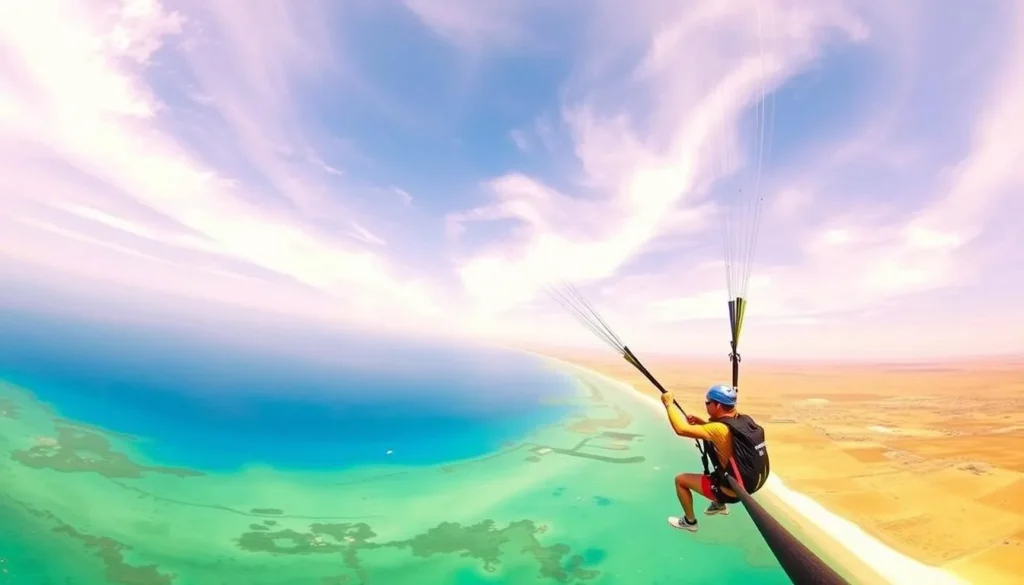 Paragliding over the Paracas coast, with the clear blue sky and turquoise waters below.
