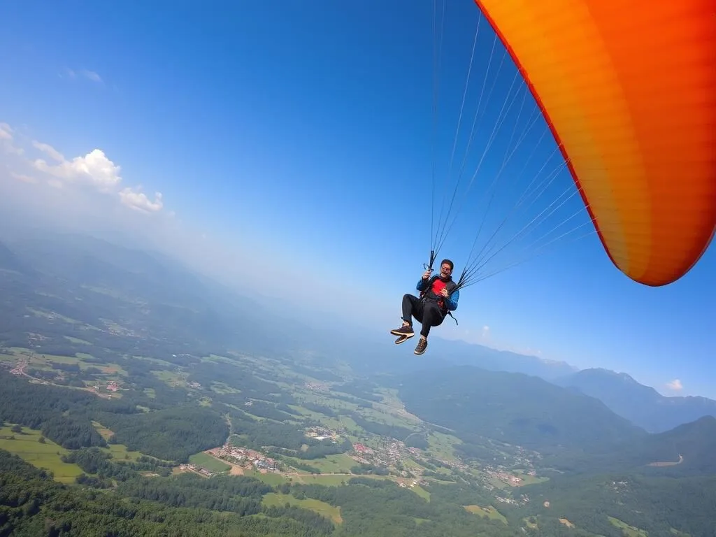 Paragliding over the green valleys of Kashmir with mountain views