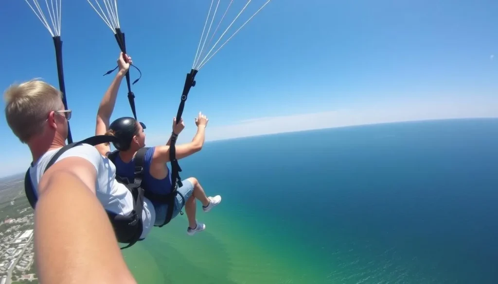Parasailing over the coastline of Bethany Beach with clear blue skies and calm waters.