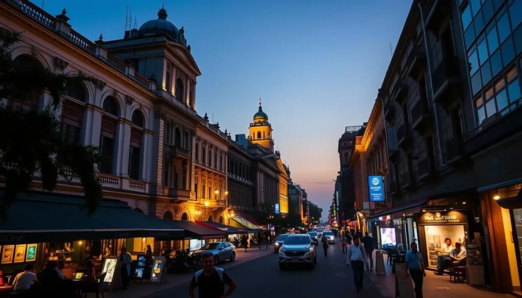 Park Street in Kolkata at dusk with illuminated colonial buildings, restaurants, and street life Park Street in Kolkata at dusk with illuminated colonial buildings, restaurants, and street life