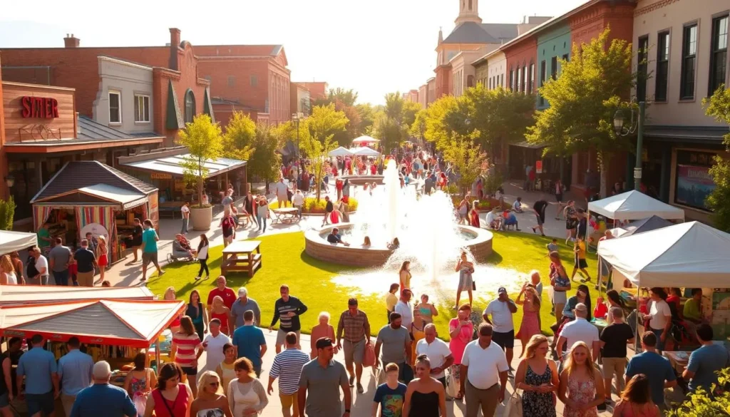 Parker Summer Events - A vibrant scene of a bustling town square filled with lively festivities. In the foreground, crowds of people stroll past colorful vendor stalls, sampling local cuisine and browsing handcrafted wares. Warm afternoon sunlight casts a golden glow, illuminating the middle ground where families picnic on lush green lawns and children play in a splashing fountain. In the background, historic buildings with charming architecture frame the vibrant setting, hinting at the rich heritage of the community. An energetic atmosphere of celebration and community spirit permeates the scene, capturing the essence of Parker's thriving seasonal events.