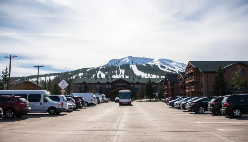 Parking area at Powderhorn Mountain Resort with shuttle service and mountain backdrop