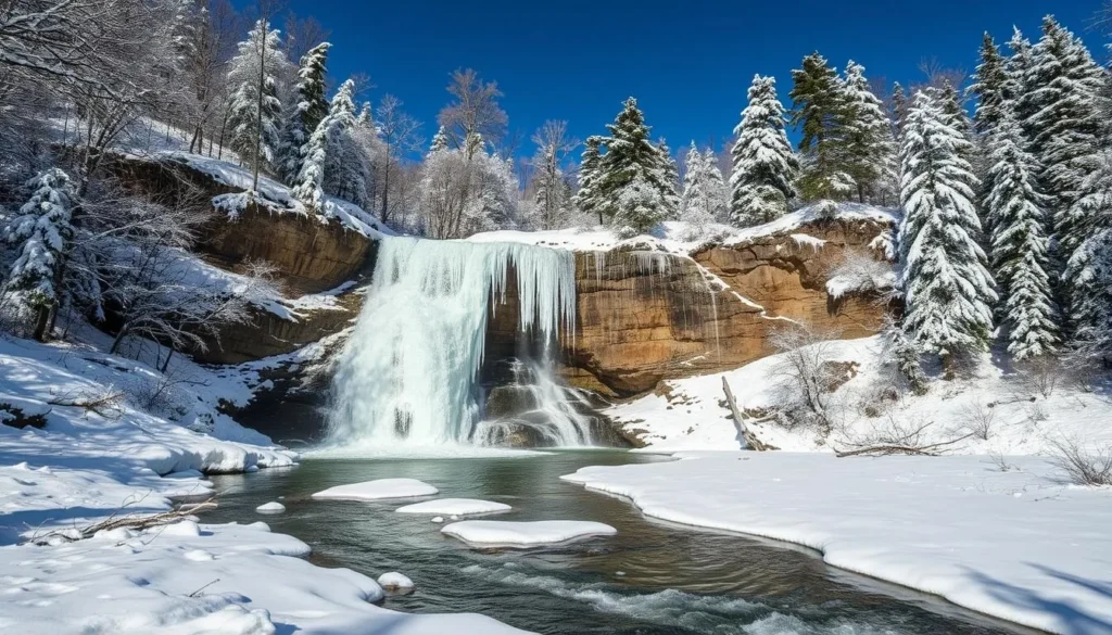 Partially frozen Kegon Falls in winter surrounded by snow-covered trees Partially frozen Kegon Falls in winter surrounded by snow-covered trees