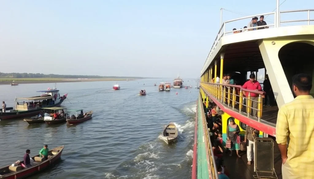 Passenger launch boat arriving at Barisal river port with travelers
