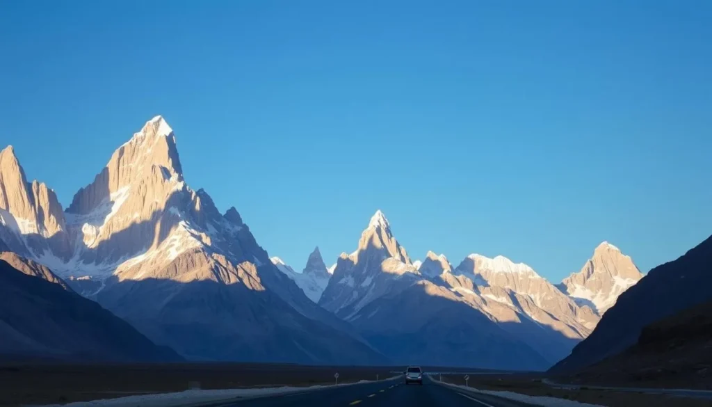 Passu Cones (Cathedral) mountain formation with the Karakoram Highway in foreground