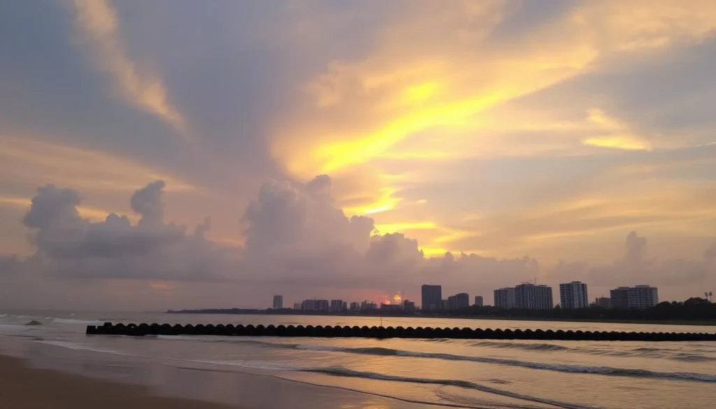 Payyambalam Beach with the cityscape in the background during sunset