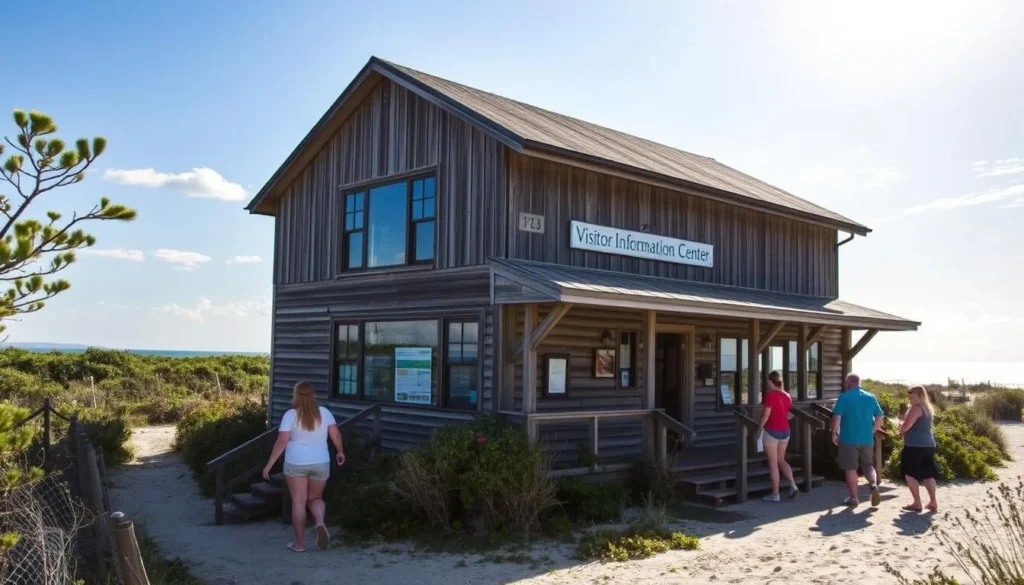 Pea Island Visitor Information Center set against a picturesque coastal backdrop. A weathered wooden structure with large windows and a welcoming porch, surrounded by lush vegetation and sand dunes. Sunlight filters through the scene, casting a warm glow. Visitors approach the center, intrigued by the informative displays and helpful staff. The atmosphere is one of relaxation and exploration, inviting people to discover the natural wonders of Pea Island. A sense of tranquility pervades the scene, with the gentle sound of waves in the distance.
