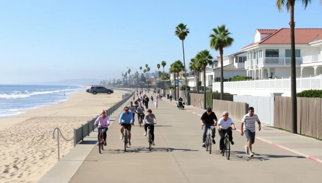 People biking and walking along The Strand beach path in Manhattan Beach with ocean views People biking and walking along The Strand beach path in Manhattan Beach with ocean views