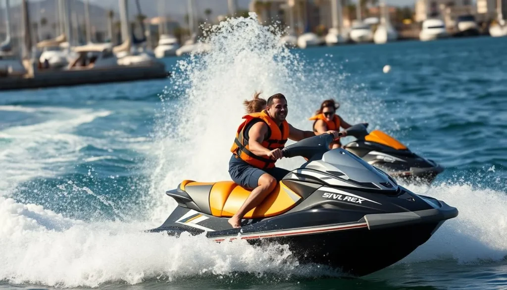 People jet skiing in Marina del Rey harbor with spray of water and excitement, highlighting adventurous things to do in Marina del Rey, California