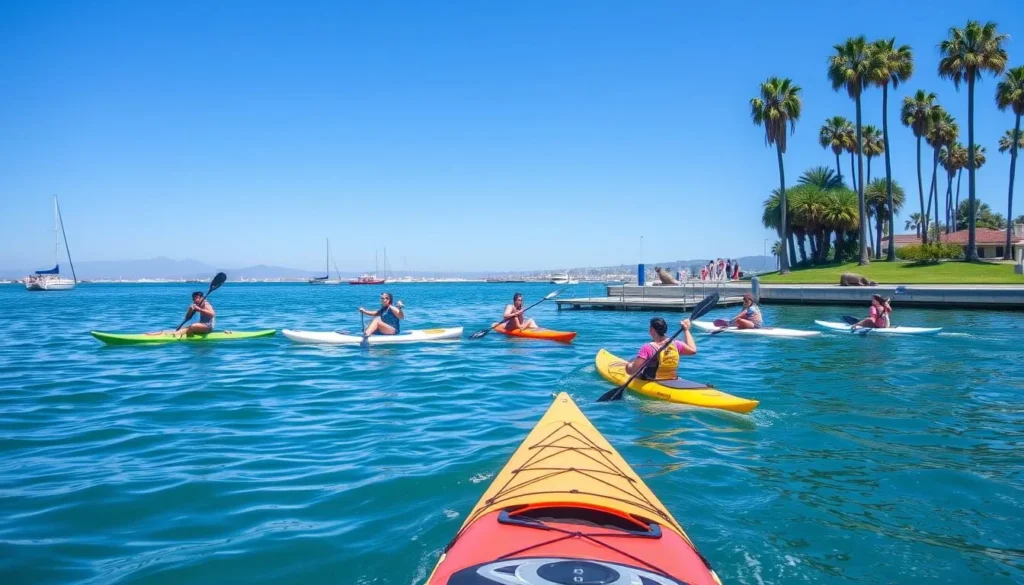 People kayaking and paddleboarding in Marina del Rey with sea lions visible on nearby docks, highlighting best things to do in Marina del Rey, California