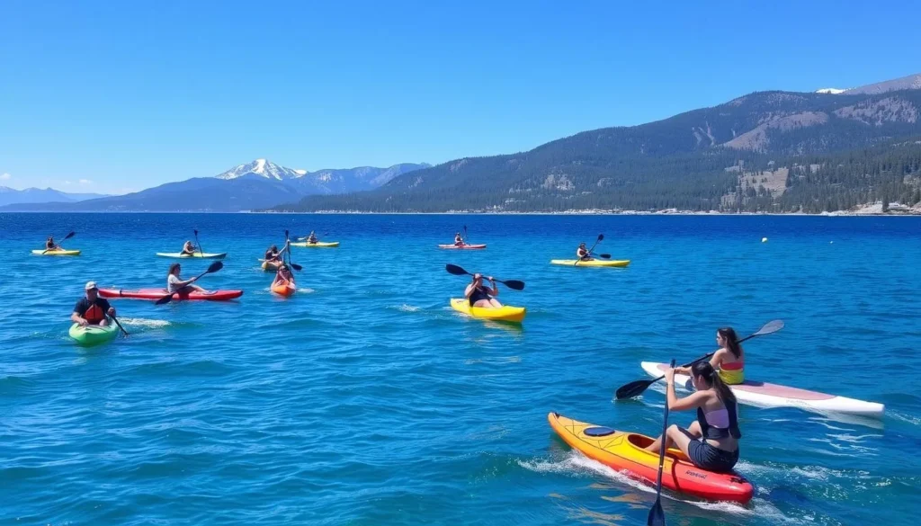 People kayaking and paddleboarding on Lake Tahoe near Kings Beach with mountains in background People kayaking and paddleboarding on Lake Tahoe near Kings Beach with mountains in background