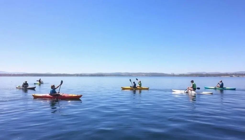 People kayaking and paddleboarding on the calm waters of Nimbus Flat at Folsom Lake on a sunny day People kayaking and paddleboarding on the calm waters of Nimbus Flat at Folsom Lake on a sunny day