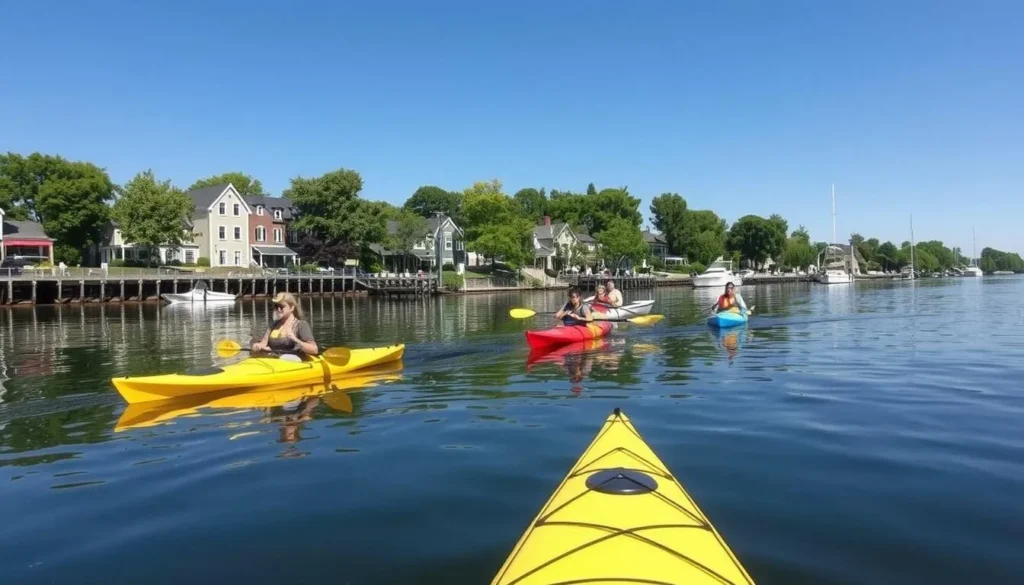 People kayaking on the Kalamazoo River in Saugatuck with waterfront buildings visible People kayaking on the Kalamazoo River in Saugatuck with waterfront buildings visible