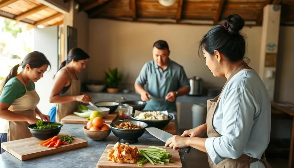 People learning to cook traditional Filipino dishes in a cooking class in Panglao