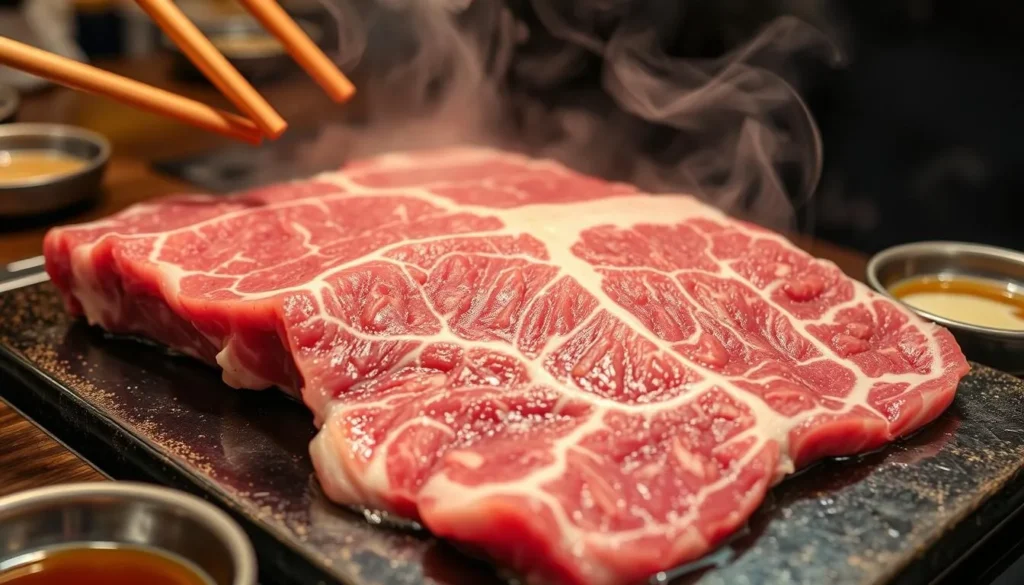 Perfectly marbled Hida beef being grilled at a restaurant in Takayama, a must-try culinary experience and one of the best things to do in Takayama Japan